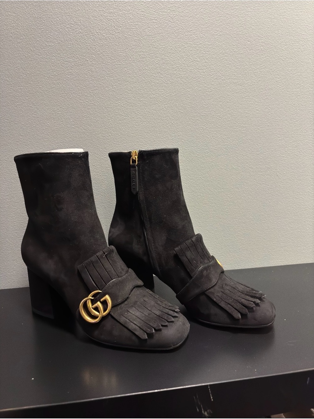 GUCCI Marmont Suede Fringe Ankle Boots